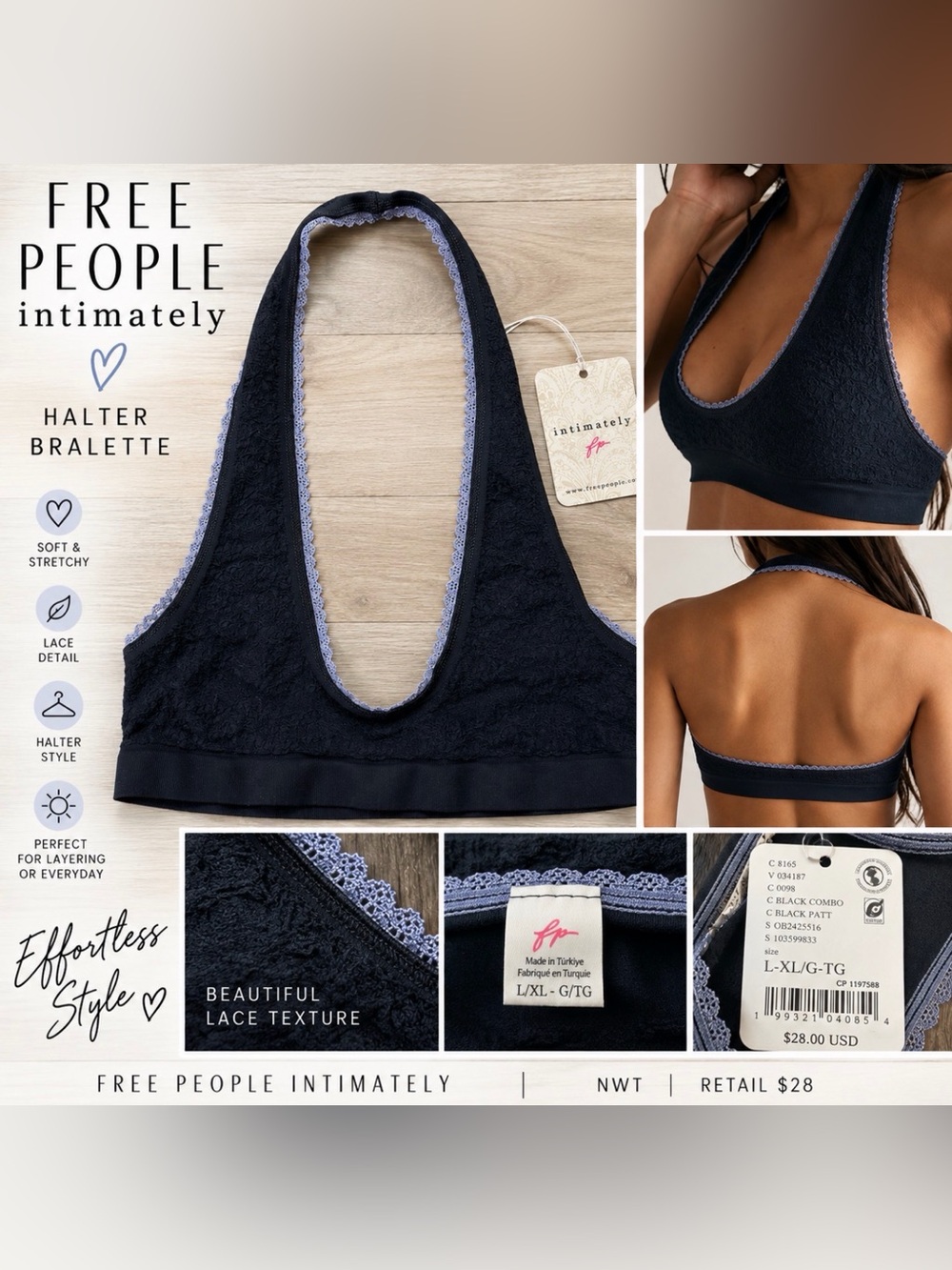 Free People Intimately Lace Halter Bralette Black L/XL NWT